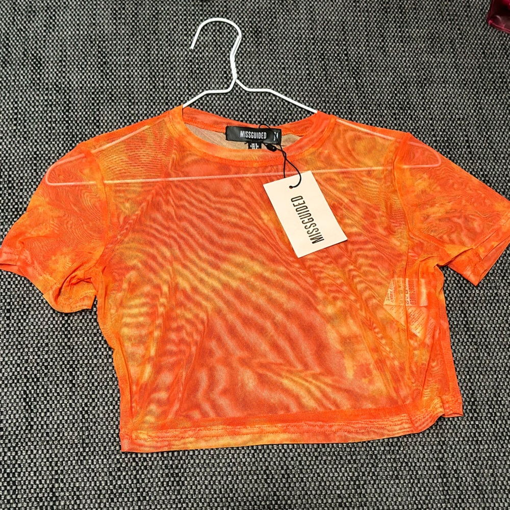 Missguided mesh short sleeve top cover up in orange tie dye